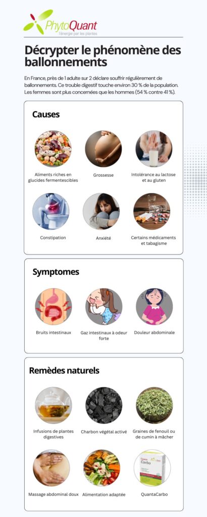 Infographie ballonnements et spasmes intestinaux - causes symptomes et traitement par PhytoQuant