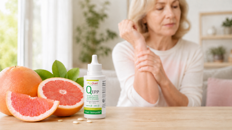 Flacon QuantaEPP posé avec des pamplemousses, devant une femme touchant son avant-bras, illustrant l’extrait de pépins de pamplemousse en accompagnement naturel des inconforts liés aux mycoses.
