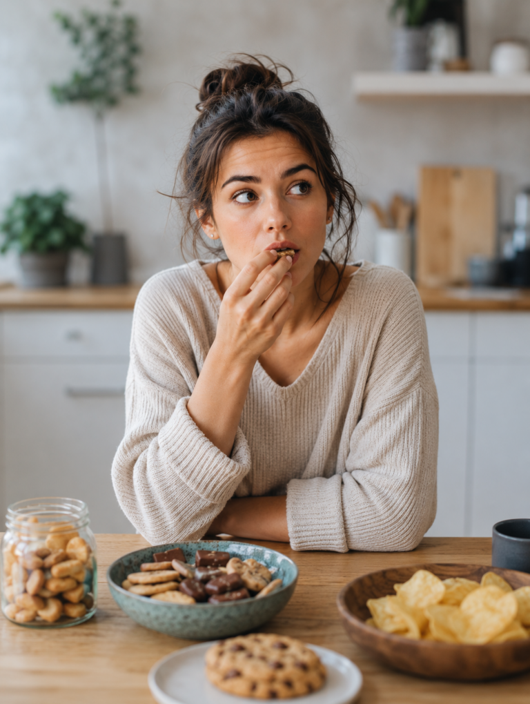 Personne qui a envie de grignoter sans faim, illustration du grignotage compulsif lié aux fringales